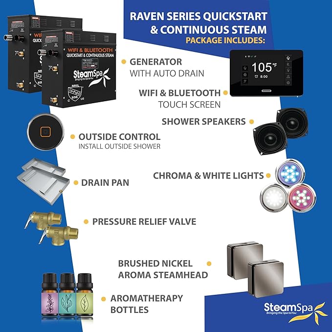 SteamSpa Steam System 15kW Steam Shower Generator with Bluetooth Wifi, Quickstart Continous Steam, Advanced Touch Pad Screen, Chroma Lights, Drain Pan and Auto Drain Brushed Nickel RVBS1500BN-A