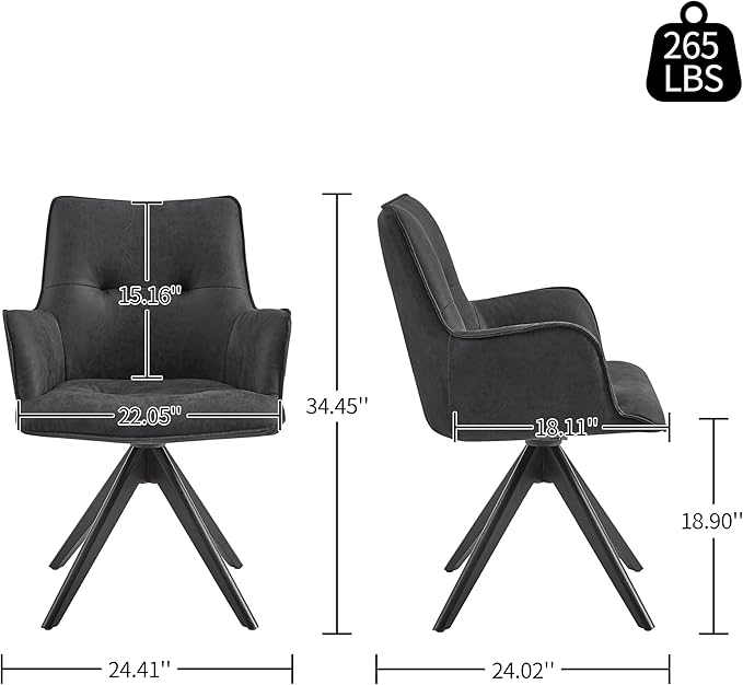 Art Leon Swivel Desk Chair - Faux Leather Upholstered Office Chair No Wheels, Mid Century Modern Armchair with Black Oak Wood Legs for Small Space Living Room Bedroom, Black