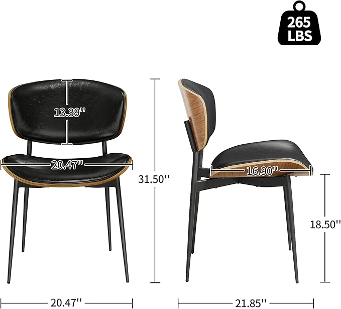 Art Leon Faux Leather Dining Chairs, Set of 2, Mid Century Modern Desk Chair No Wheels, Armless Accent Chair with Black Metal Legs, Black/Walnut