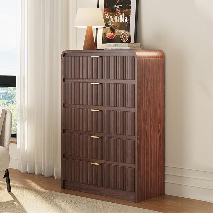 FURSUN Fluted 5 Drawers Dresser for Bedroom, 48" Tall Wooden Modern Dresser with Metal Handle, Curved Profile Design, Storage Organizer for Bedroom, Living Room, Hallway, Dark Walnut