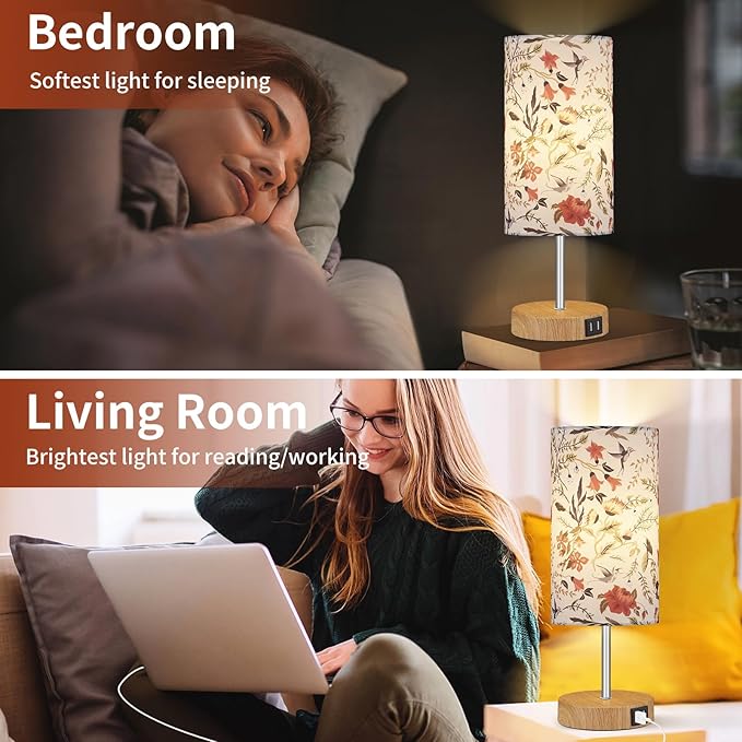 Bedside Touch Lamp, Wood Small Table lamp with 2 USB Charging Ports & Flower Fabric Shade, 3-Way Dimmable Nightstand Lamps for Living Room Bedroom Office Reading Desk Home Dorm(LED Bulb Included)