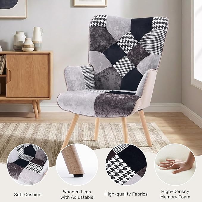 Joysoul Living Room Accent Chair Modern High Back Arm Chair, Houndstooth Pattern Bohemian Style Chairs for Bedroom Waiting Room