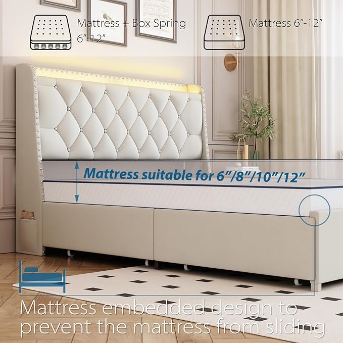 Full Size Bed Frame with 4 Drawers and Storage Headboard, Upholstered Tufted Wingback Bed Frame with LED Lights and Charging Station, No Box Spring Needed, Easy Assembly, Noise Free, Beige