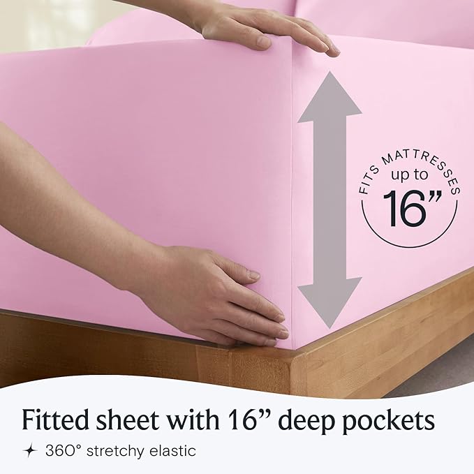 LuxClub 5 PC Sheet Set Bed Sheets Deep Pockets 16" Eco Friendly Wrinkle Free Cooling Machine Washable Hotel Bedding Silky Soft - Powder Pink Split King