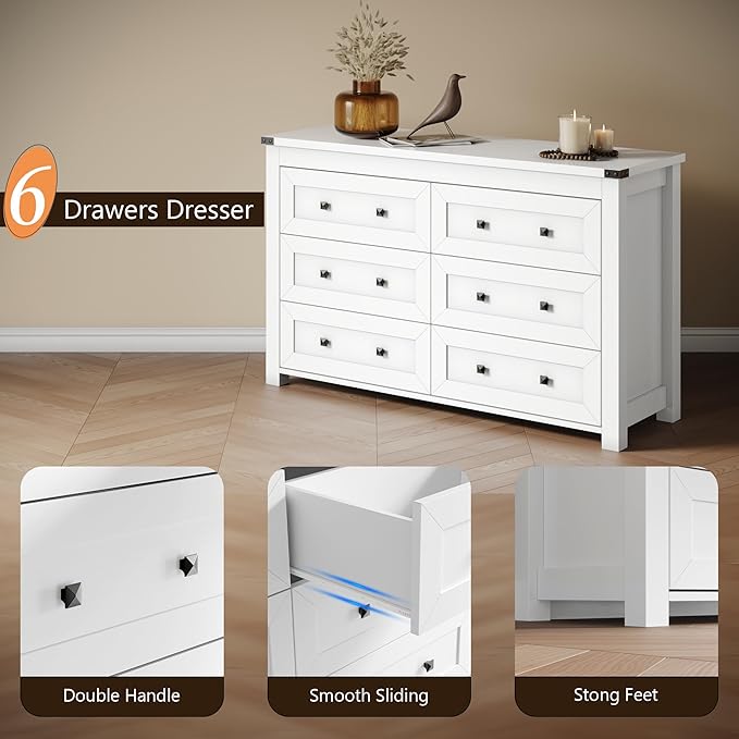 Dresser for Bedroom with 6 Drawers, Farmhouse Wood Chest of Drawers, Wide TV Stand Closet Storage Furniture with Metal Handle, Modern Clothes Organizer for Hallway, Living Room, Entryway, White