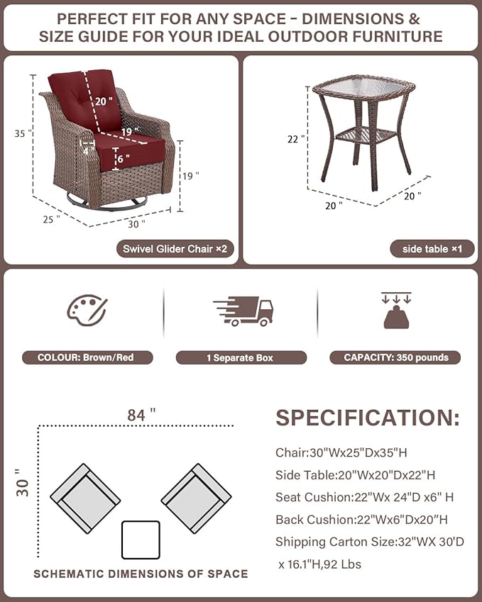 Belord 6" Thick Cushion Outdoor Swivel Rocker Patio Chairs Set of 2,3 Piece Wicker Patio Bistro Set with Side Table and Comfort High Back Outdoor Patio Glider Chair Brown Wicker/Red Cushion