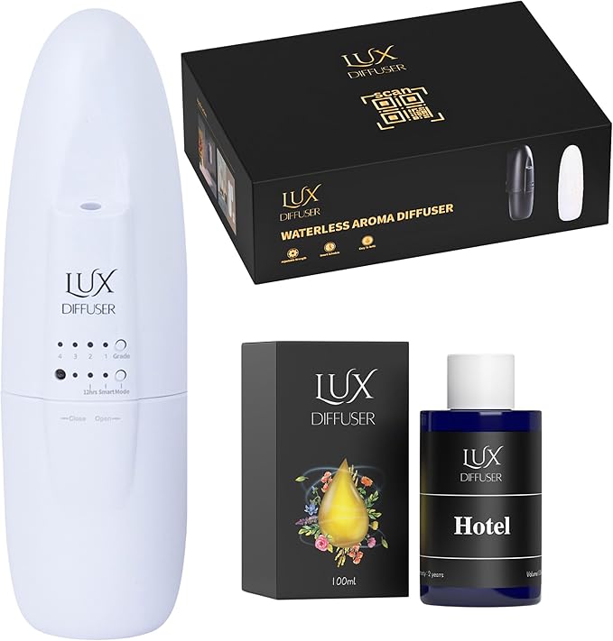Lux Diffuser – Plug-in Waterless Essential Oil Diffuser, Nanotechnology, Silent Wall Scent Machine for Home & Office, Up to 500 Sq. Ft Coverage (Diffuser with Hotel Scent)