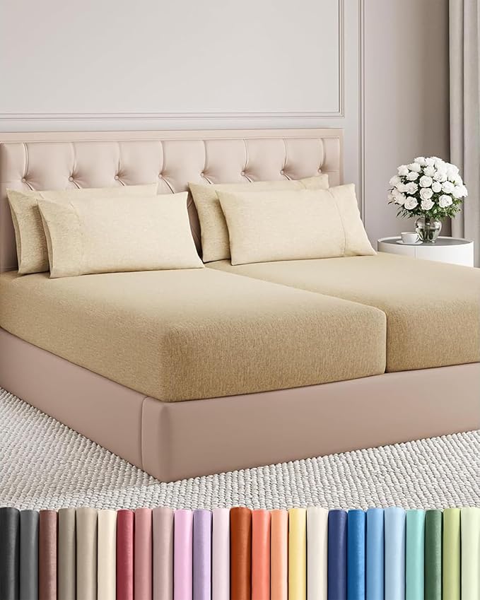 Split King Sheets Set 7 Piece - Includes 4 Pillowcases - Bed Sheets Split King - Soft Hotel Luxury Bedding - Cooling and Breathable - 1 Flat & 2 Fitted & 4 Pillowcases w/ Deep Pockets - Heathered Tan