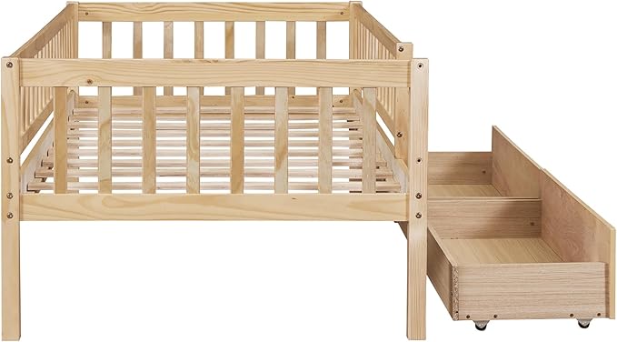 Bellemave Twin Bed Frames with Rails for Kids, Twin daybed Frame with Drawers for Boys/Girls/Adults， Natural