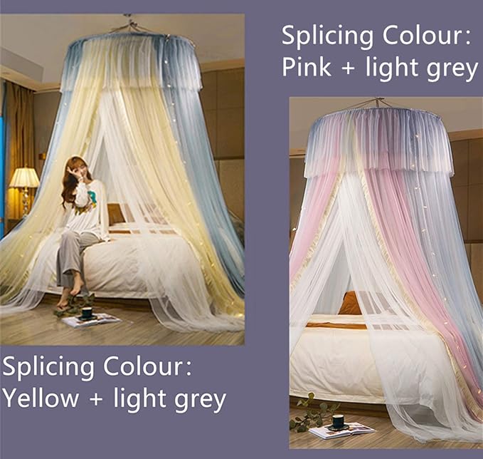 VETHIN Princess Bed Canopy for Girls,Bed Canopy Curtain- Double Layer Sheer Mesh Dome Bed Curtain- Round Lace Princess Mosquito Net Tent for Twin Full Queen King Bed(Pink/Grey/White)