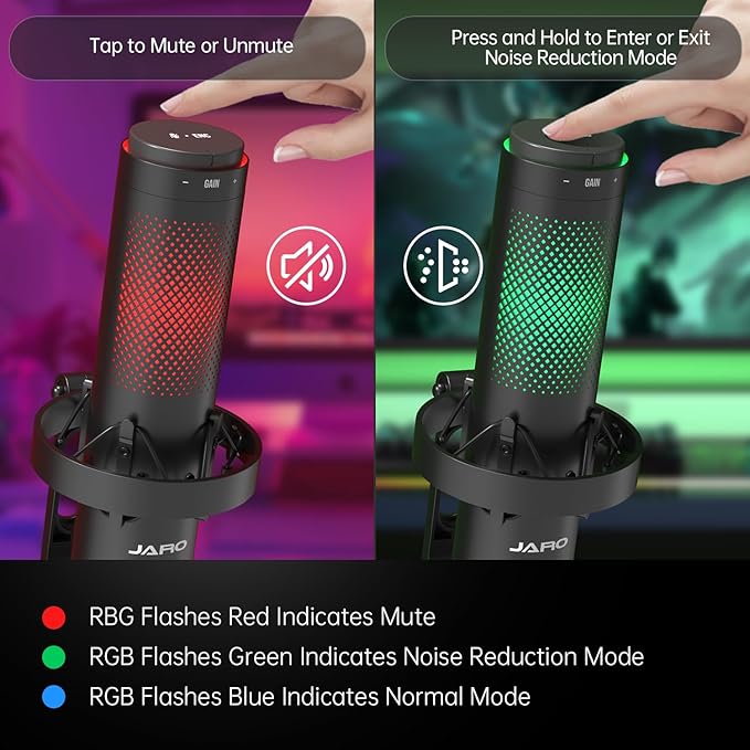 JARO USB Multi-Polar Pattern Condenser Microphone with Mute Noise Cancelation RGB for Podcasting Gaming Streaming YouTube Zoom AMSR Singing Recording [Compatible with PC Laptop Mac PS4/5], J101-CS