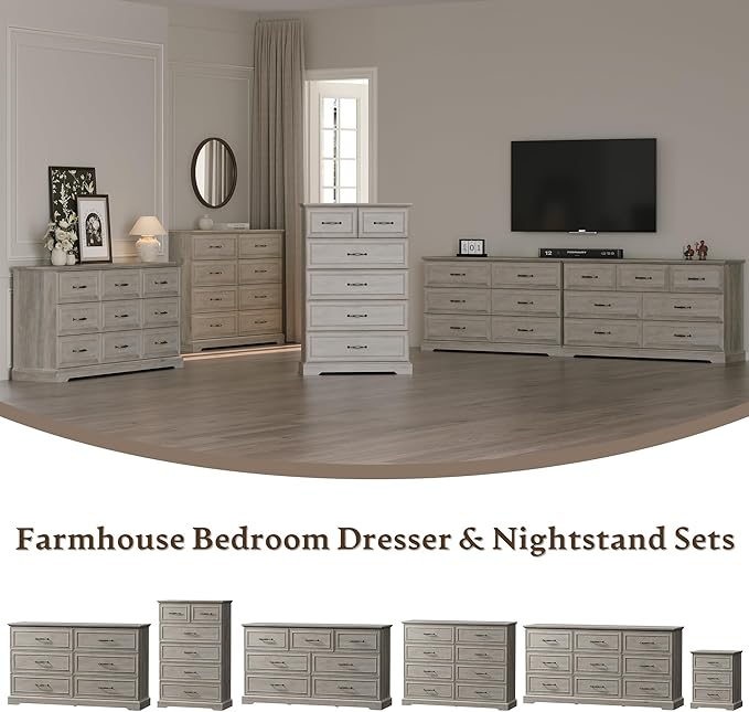 Farmhouse 6 Drawers Dresser for Bedroom, 54" Wide Modern Chest of Drawers with Deep Drawers & Bar Handles, Rustic Wood Dresser TV Stand, Wooden Closet Storage Organizer for Living Room, Hallway, Grey