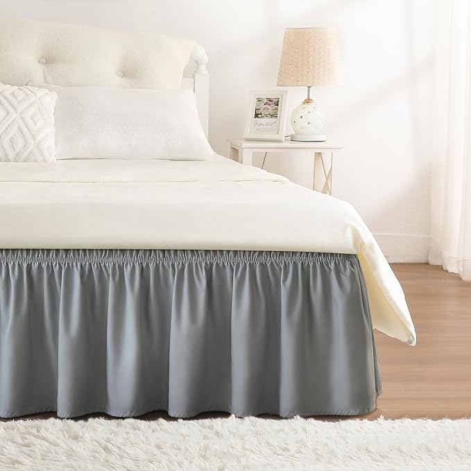 RIMELA Gray Queen Bed Skirt 12 Inch Drop,Elastic Bed Skirts Queen Size Dust Ruffle, Light Grey Bedskirt for Adjustable Bed Base Solid Fade Resistant Silky Fabric Machine Washable Easy to Install