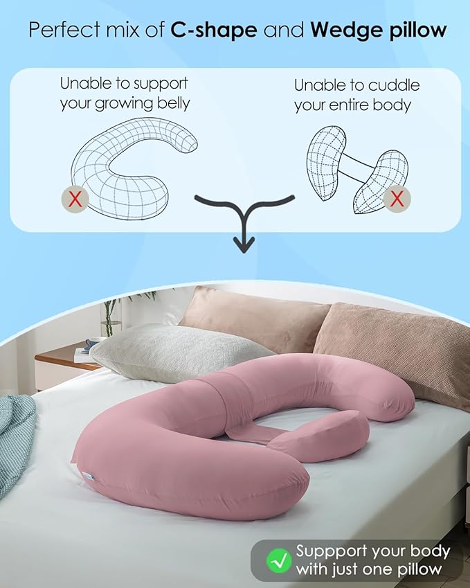 QUEEN ROSE Cooling Pregnancy Pillows, E Shaped Maternity Pillow for Sleeping, with Extra Wedge Pillow for Belly Support, 60 Inch Full Body Pillow, Pink
