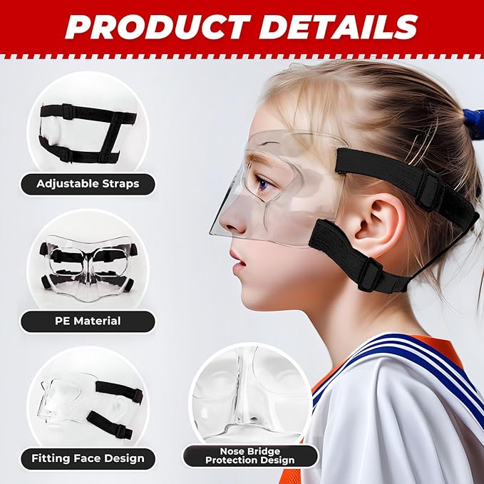 WR01B Girls Nose Guard for Broken Nose Adjustable Basketball Soccer Sports Face Mask with Padding for Youth Teens