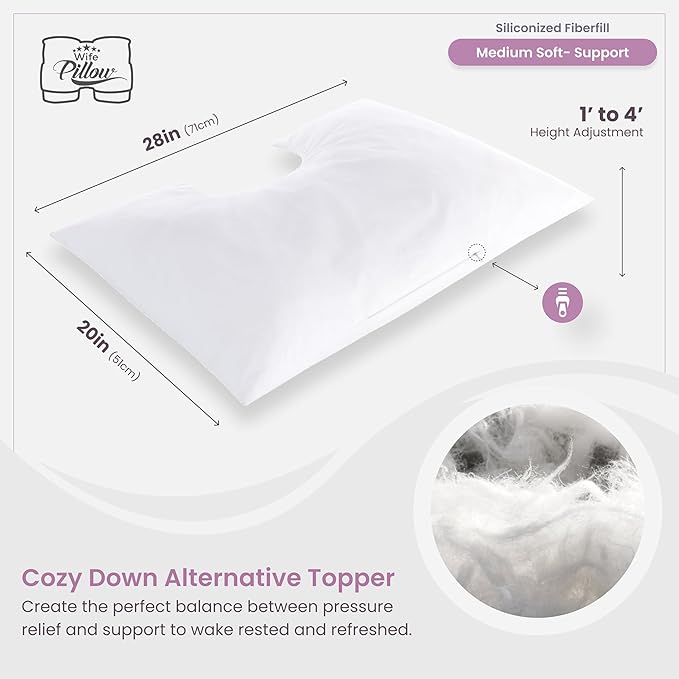 Wife Pillow - Topper, Down Alternative Premium Siliconized Fiberfill - Machine Wash & Dry. Adjustable for Side Sleepers by Zipper Access, Add or Remove Filling for Best Sleeping: Medium Support