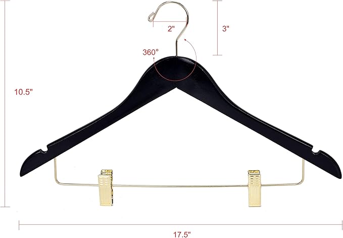 Quality Black Wooden Skirt Hangers with Clips, 20-Pack Smooth Solid Wood Pants Hangers with Durable Adjustable Metal Clips, Swivel Hook, Coat, Jacket, Blouse Suit Hangers (Black-Gold Hook, 20)