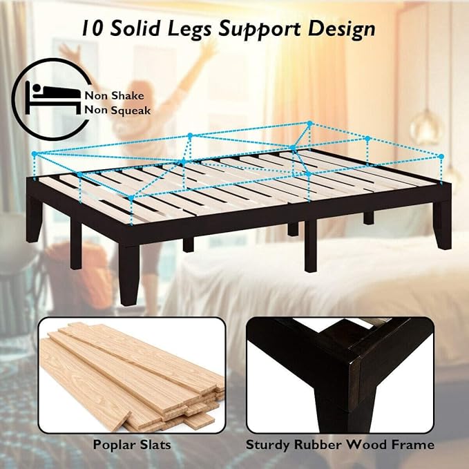 Giantex 14 Inch Queen Wood Platform Bed Frame, Minimalist Style Mattress Foundation with Solid Rubber Wood, Heavy Duty Slat Support, Without Headboard, Easy Assembly, No Box Spring Needed, Espresso