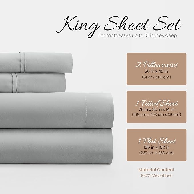 Linen Market Brushed Microfiber King Sheet Set 4 Piece – Oeko-TEX Certified Ultra Soft & Wrinkle-Free - 16" Deep Pocket Sheets - Easy Care King Size - Light Gray