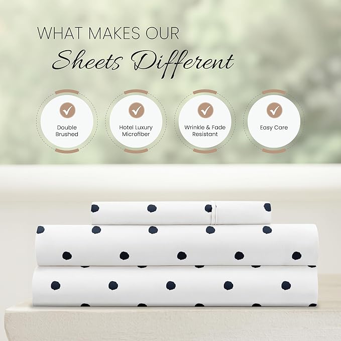 Linen Market Double-Brushed Patterned Microfiber Twin Sheet Set 3 Piece – Oeko-TEX Certified Ultra Soft & Wrinkle-Free - 16" Deep Pocket Sheets - Easy Care Twin Size - Dots Navy