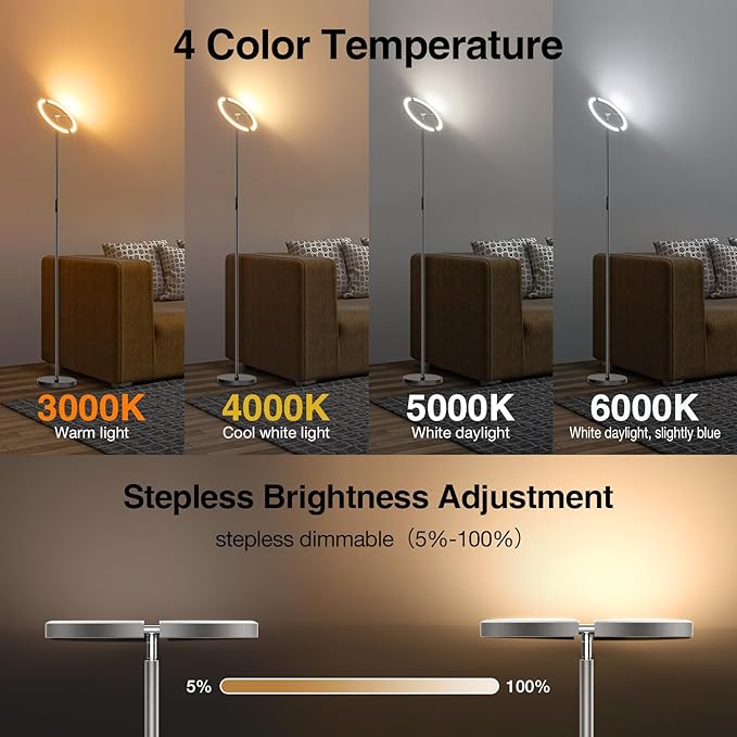 Gunmetal Gray LED Floor Lamp - Rotatable Standing Lamp for Living Room Bedroom, 22W Dimmable Floor Readig Light with Touch/Remote Control, Modern Corner Lamp for Office, Brightness Adjustable