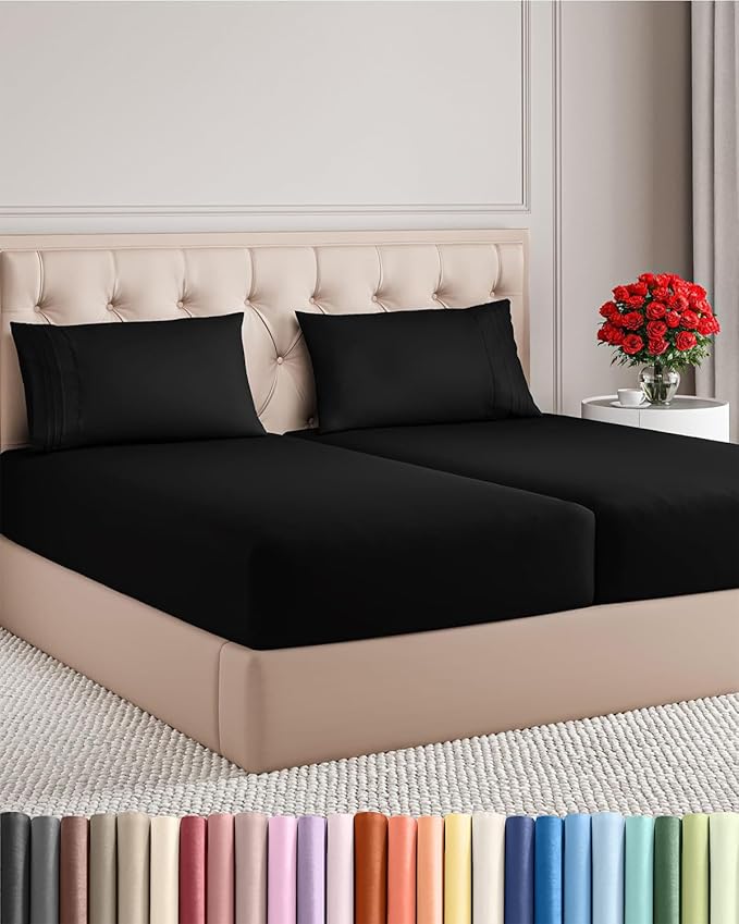 Split King Size 5 Piece Sheet Set - Comfy Breathable & Cooling Bed Sheets Set - Hotel Luxury Bedding for Women, Men, Kids, Teens, Boys & Girls - Deep Pockets, Soft and Wrinkle Free - Oeko-Tex - Black