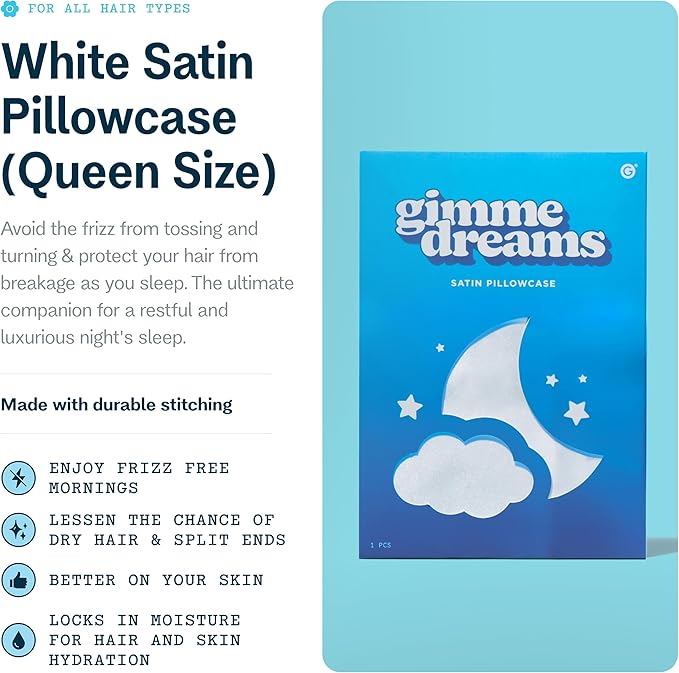 Gimme Beauty White Satin Pillowcase - Ultra-Gentle Hair & Skin Care Luxury Bedding - Reduces Frizz & Breakage - Standard Size Silky Bedroom Pillow - Queen Size, 20" x 30"