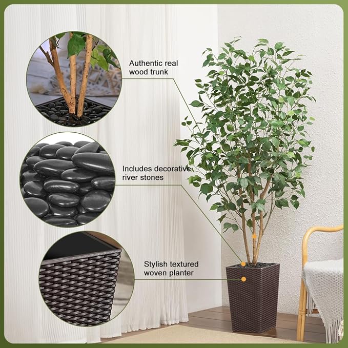 6ft Artificial Ficus Tree,Tall Faux Tree with Silk Leaves & Real Wood Trunk,UV Resistant Potted Fake Plant with Pebbles & Planter-Indoor Outdoor Floor Plant for Home Living Room,VN129