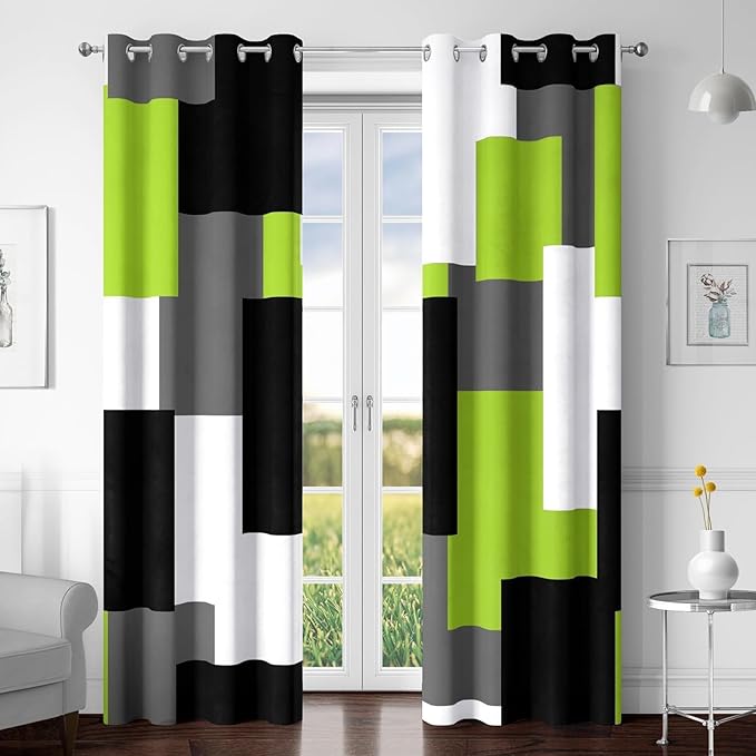 Lime Green 100% Blackout Curtains for Bedroom 63 inch Length 2 Panels Set Light Fresh Modern Abstract Geometric Black Out Curtains Insulated Room Darkening Window Drapes for Living Room, 52Wx63L