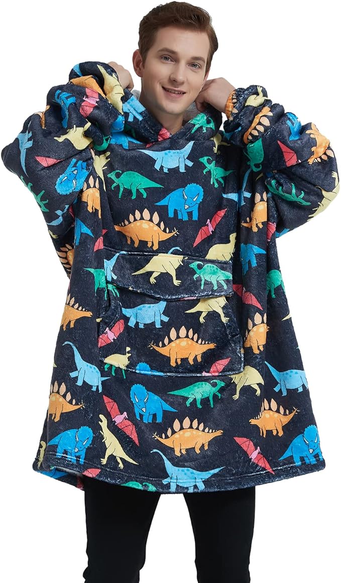 Wearable Blanket Hoodie for Adult,Oversized Sherpa Fleece Blanket Hoodie for Women Men,Dinosaur
