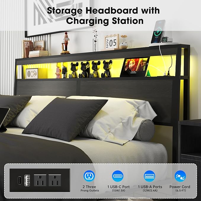 King Bed Frame with Storage Headboard and 4 Drawers, Metal Platform Bed Frame with LED Light, Charging Station, No Box Spring Needed, Noise Free, Easy Assembly,Charcoal Grey