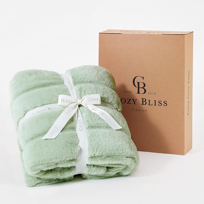 Cozy Bliss Faux Fur Throw Blanket for Couch, Cozy Warm Plush Striped Blanket for Sofa Bedroom Living Room, 90 * 90 Inches Green
