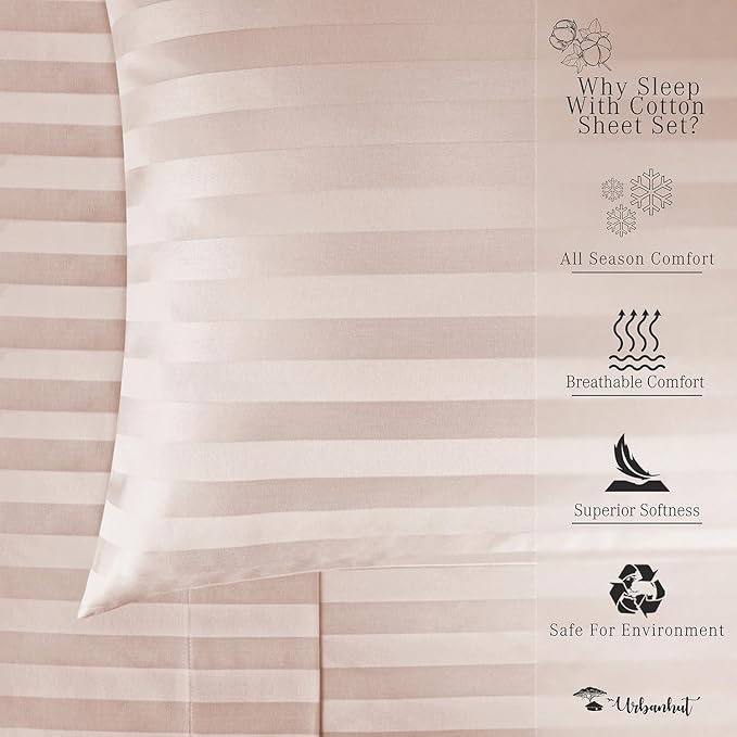 URBANHUT 800 Thread Count 100% Cotton Damask King Size Sheets, 4 Piece Striped King Size Bedsheets, Luxury Hotel Sheets Sateen Weave - Better Than Egyptian, 16" Elasticized Deep Pocket- Blush Pink