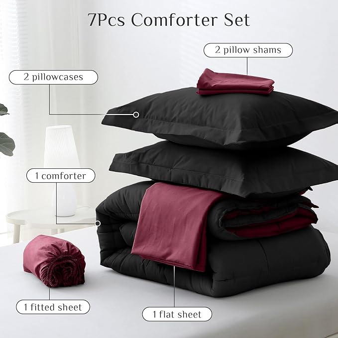 JOLLYVOGUE King Comforter Set, Ultra-Soft Bed in a Bag King Size 7 Pieces, Oeko-TEX Certified Bedding Set with Down Alternative Comforter, Sheets, Pillowcases & Shams, Burgundy & Black