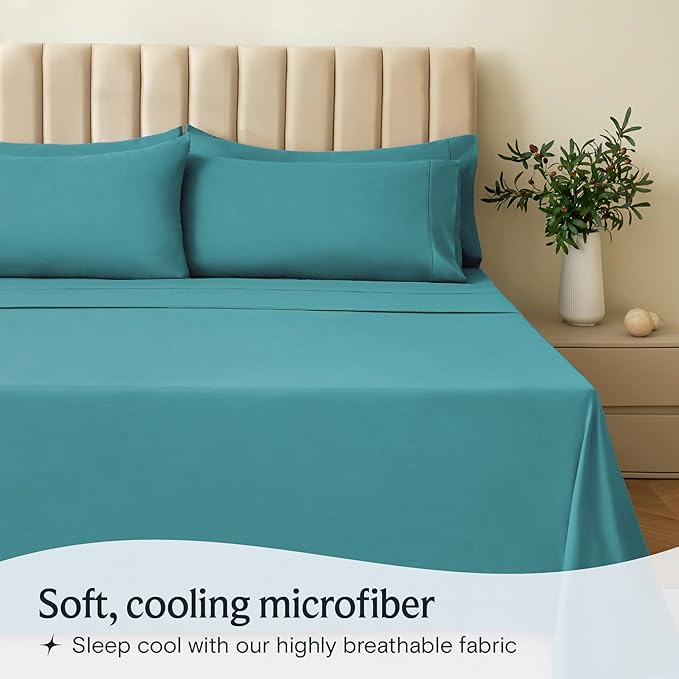 LuxClub 4 PC Full Sheet Set, Deep Pockets Wrinkle Free Cooling Bed Sheets Hotel Bedding for Women, Men, Kids & Teens, Includes 1 Fitted Sheet, 1 Flat Sheet and 2 Pillowcases-Soft Teal