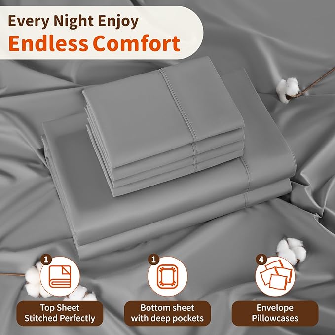 LBRO2M 1000 Thread Count 100% Egyptian Cotton Sheets Set 6 Piece Sets Queen Bed Sheet Deep Pocket Sheet Set 16" Soft Comfortable All Season (Queen, Gray)