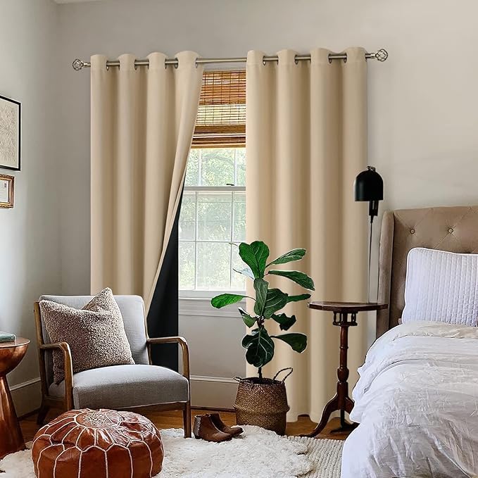BGment Thermal Insulated 100% Blackout Curtains for Bedroom with Black Liner, Double Layer Full Room Darkening Noise Reducing Grommet Curtain (52 x 90 Inch, Beige, 2 Panels)