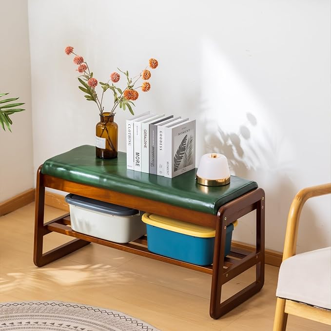 Solid Wood Shoe Bench, 2-Tier Entryway Bench with Cushion and Flip-Open Storage Box, Mid-Century Modern Shoe Bench Rack for Hallway, Mudroom(Green, 31.5'')
