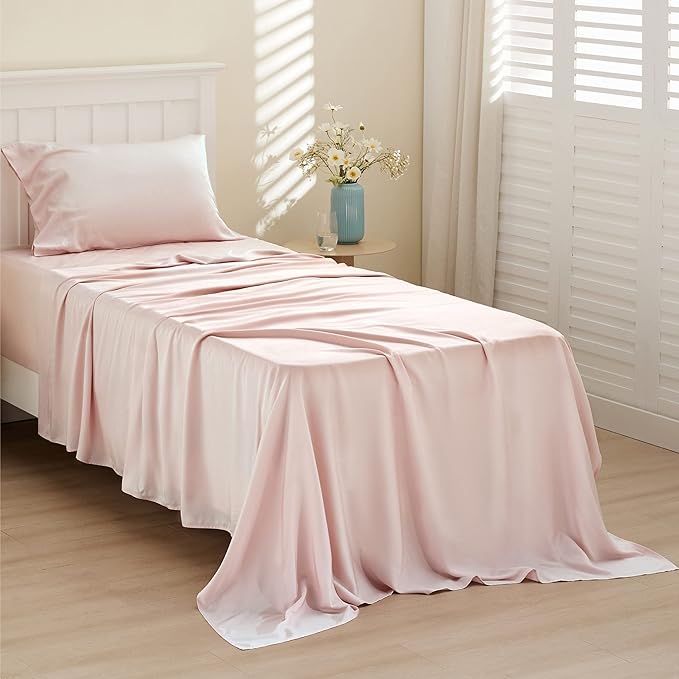 Bedsure Cooling Sheets Twin XL, Rayon Derived from Bamboo, Breathable & Soft Twin XL Sheet Sets, Deep Pocket Up to 16 Inches, Hotel Luxury Silky Dorm Bedding for Hot Sleepers, Pink