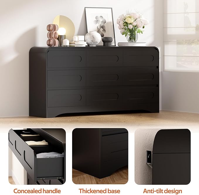 9 Drawer Dresser and Nightstand Sets for Bedroom, 3 Piece Bedroom Set, Wood 9 Drawer Dresser & Night Stand Set of 2, Large Chest of Drawers Modern Storage Cabinet Bedroom Furniture Set, Black