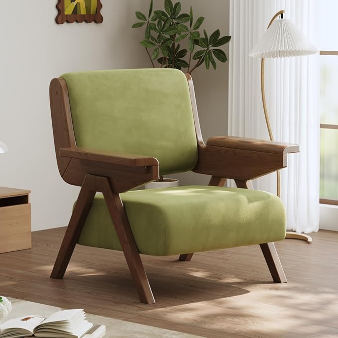 Accent Chair Mid Century Modern Chair, Velvet Upholstered Lounge Arm Chair with Solid Wood, Cozy Reading Chair for Living Room, Bedroom, Balcony (Green)