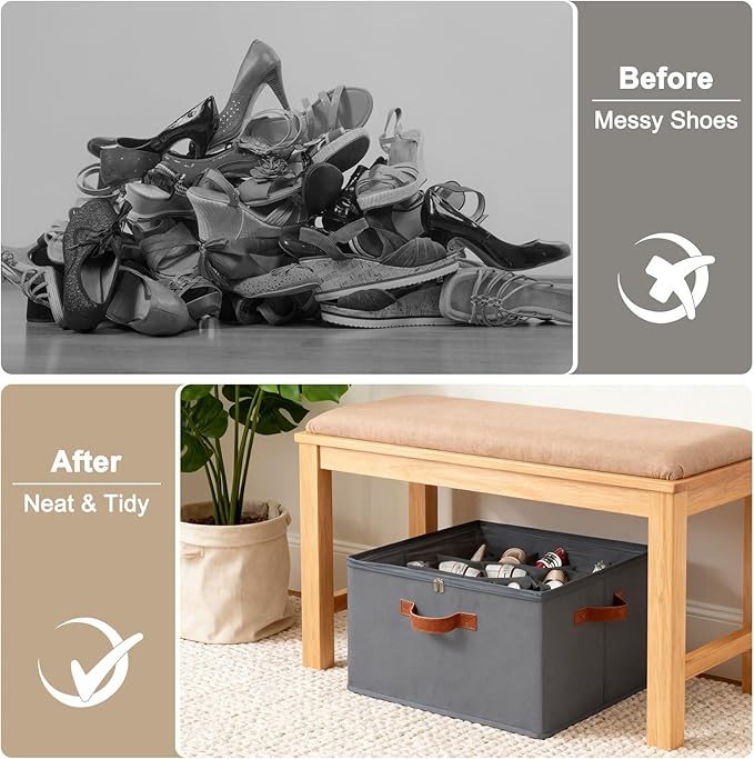 Shoe Organizer for Closet, Foldable Shoe Storage Box with Clear Top Lid, 3 Leather Handles, Adjustable Dividers, Fits 8-16 Pairs, Stackable Shoe Bin for Bedroom (Gray, 1 PCS/16.9*11.8*1.57 inch)