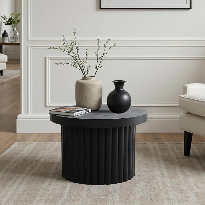 LuxenHome End Table, 23.6" Wide Black Wood Fluted Round Coffee Table Modern Side Tables for Living Room Round Wood Small Accent Tables for Bedroom