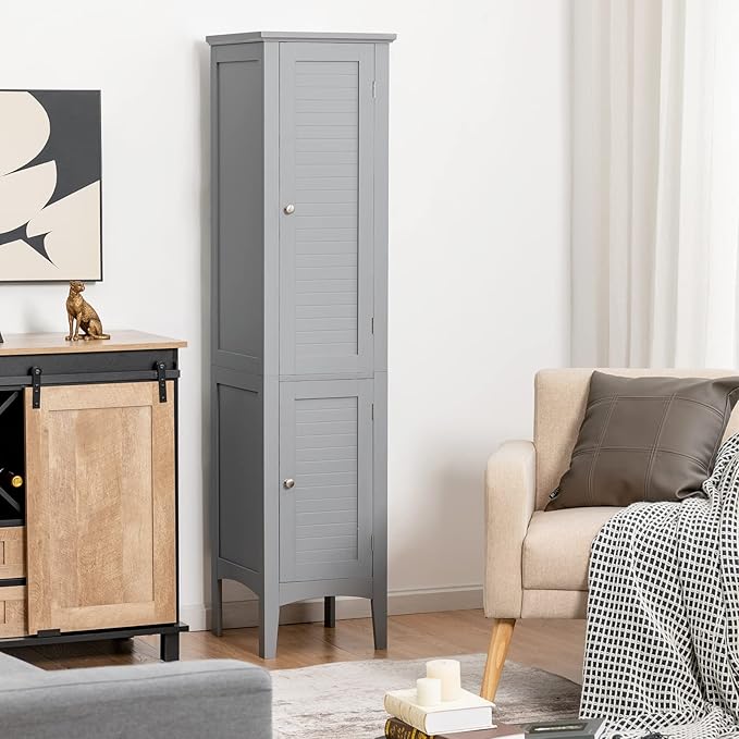 COSTWAY Tall Bathroom Storage Cabinet, 5-Tier Freestanding Linen Tower Cabinet with 2 Doors, Wooden Side Storage Organizer, Narrow Slim Floor Cabinet for Bathroom, Living Room, Kitchen (Grey)