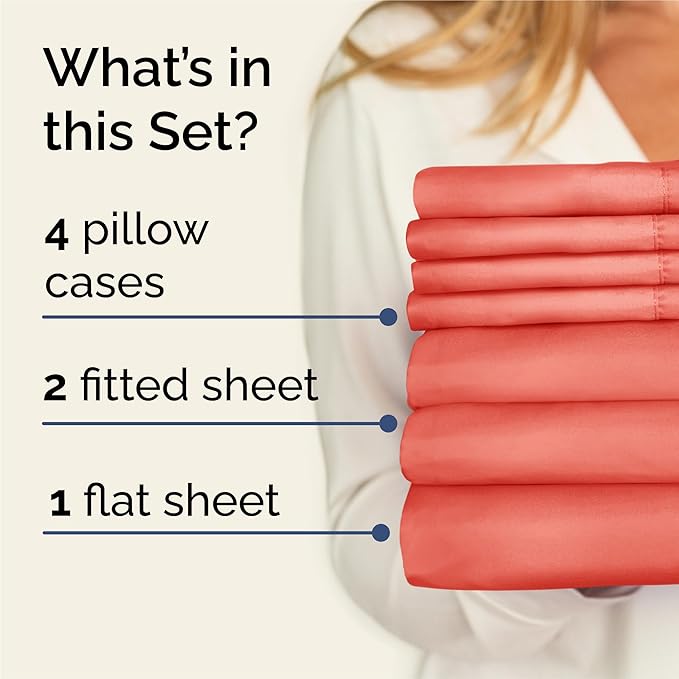 Split King 7 Piece Sheet Set - Cooling & Breathable - Hotel Luxury Bedding - Includes Fitted Sheets for Women, Men, Kids and Teens - 1 Flat, 2 Fitted Sheets, 4 Pillowcases with Deep Pockets - Coral