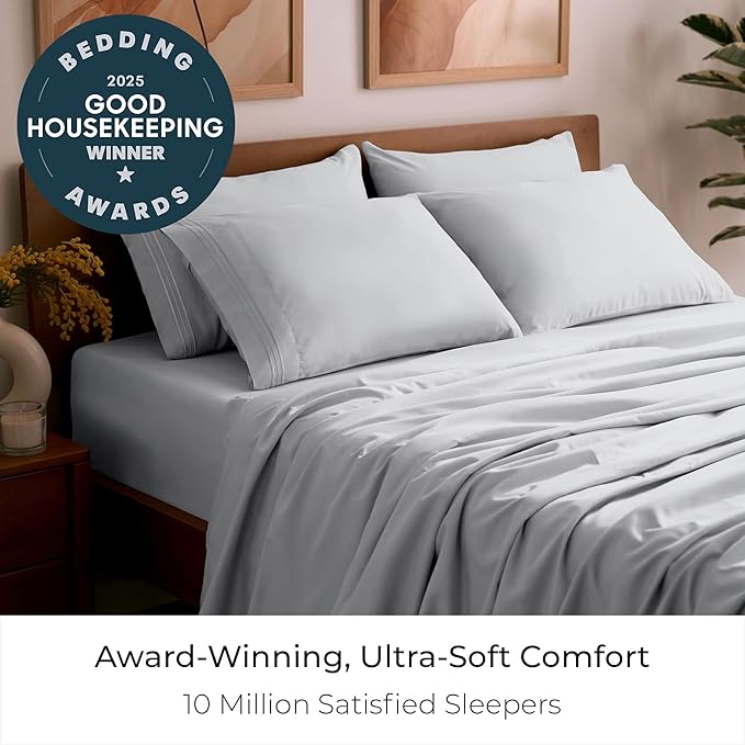 Mellanni Full Sheet Set - 6-Piece Iconic Collection Bedding, (Including 4 Pillowcases), 16-Inch Deep Pocket, Easy Care, Extra Soft, Cooling Sheets, Brushed Microfiber - Light Gray