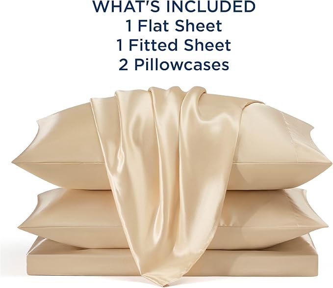 Bedsure Satin Sheets Queen Size - 4 Piece Silky Bedsheets with 15 Inches Deep Pocket Fitted Bedsheet,1 Flat Sheet, 2 Satin Pillowcases, Good for Hair & Skin (Queen, Champagne)