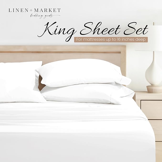 Linen Market Brushed Microfiber King Sheet Set 4 Piece – Oeko-TEX Certified Ultra Soft & Wrinkle-Free - 16" Deep Pocket Sheets - Easy Care King Size - White