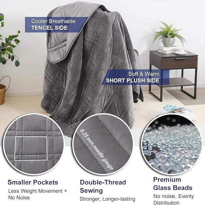 OMYSTYLE Double-Sided 15lb Weighted Blanket(60 X 80 Inches, Twin Size), Reversible Weighted Blanket for Adult with Warm Short Plush and Cool Tencel Fabric, All Season Use - Bonus Carry Bag Included