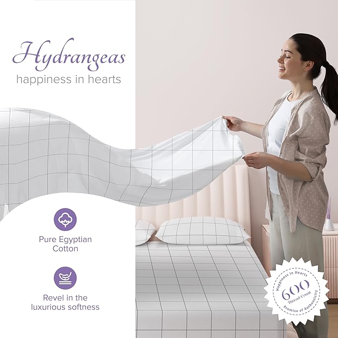 Carressa Linen Luxury Egyptian Cotton Queen Printed Sheet Set - 600 Thread Count Extra Long Staple 4 PC Set, Window Pane Queen Printed Sheets, Soft, Cooling Sateen Weave Sheets Upto 18 in Deep Pocket